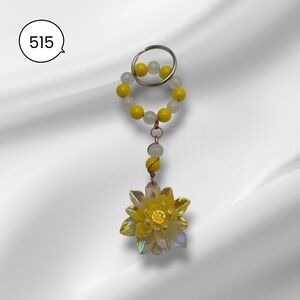 Handmade Yellow & White Beaded Keychain with Iridescent Flower Pendant